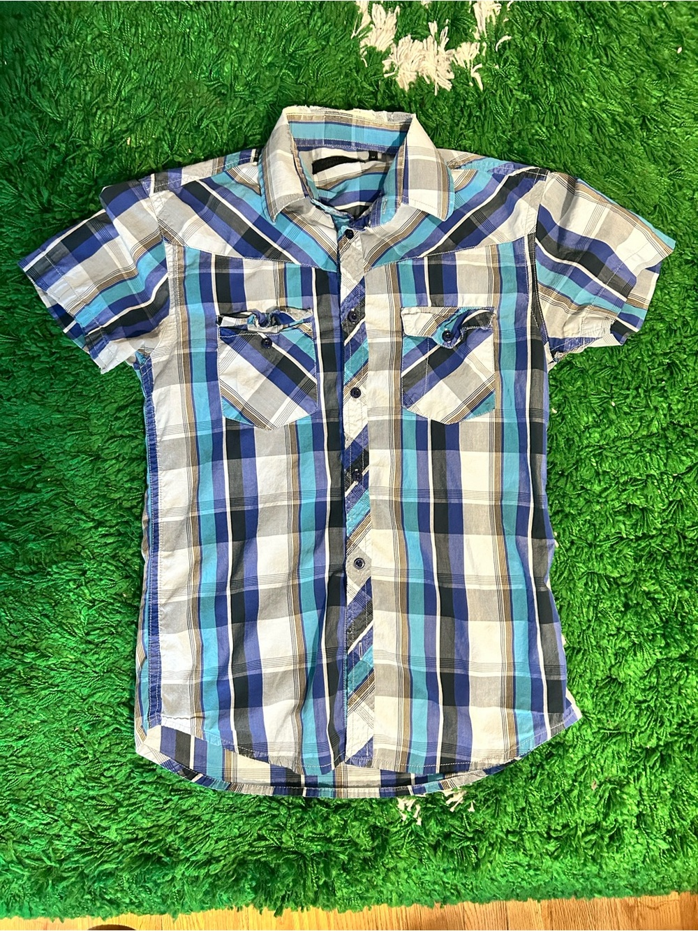 Jack & Jones Blue and White Plaid Short Sleeve Shirt